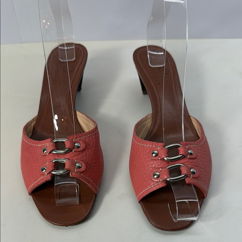 Cole Haan Pink Leather Kitten Heel Sandal with Silver Metal Accents